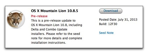 【Mac】Apple、Developersに「OS X Mountain Lion 10.8.5build 12F30」をリリース