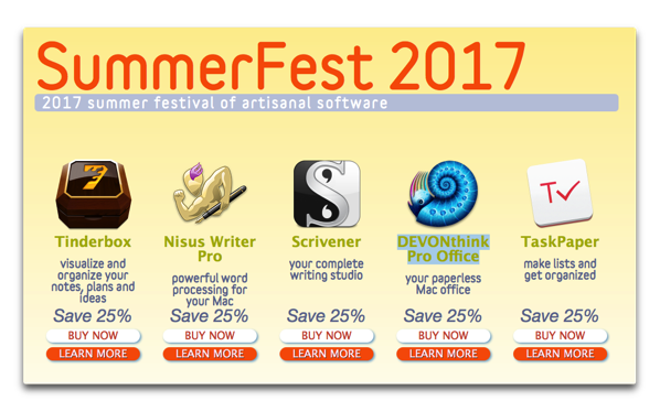 【Sale情報/Mac】SummerFest 2017で「Scrivener」「DEVONthink Pro Office」など15人気アプリが20〜25％オフ