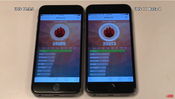 iPhone 6sで、「iOS 10.3.3」と「iOS 11 beta 4」のスピード比較ビデオ