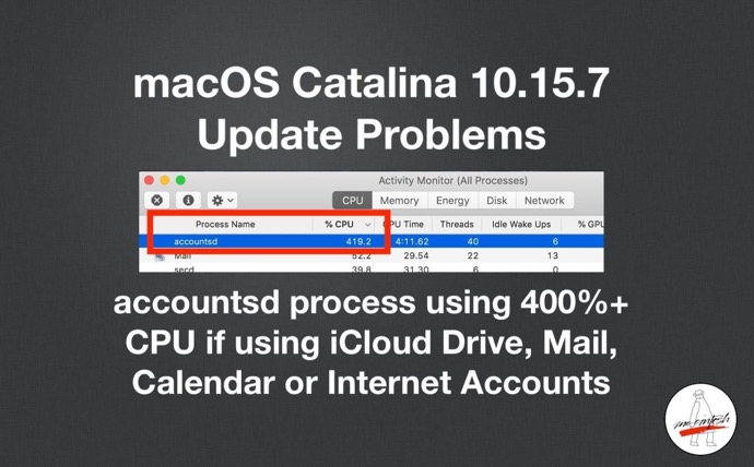 Catalina 10.15 .7 アップデート、iCloudを使っている場合にaccountsdのCPU使用率が400%に