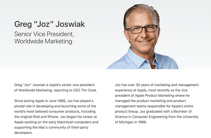 Greg Joswiak氏がApple Leadershipサイトに追加、Phil Schiller氏が 「Apple Fellow」に移行