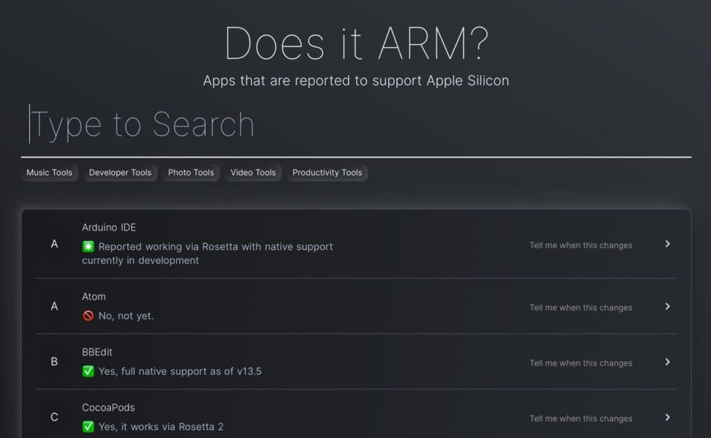 アプリケーションのApple Silicon Mac対応状況が判るWebサイト「Does it ARM?」