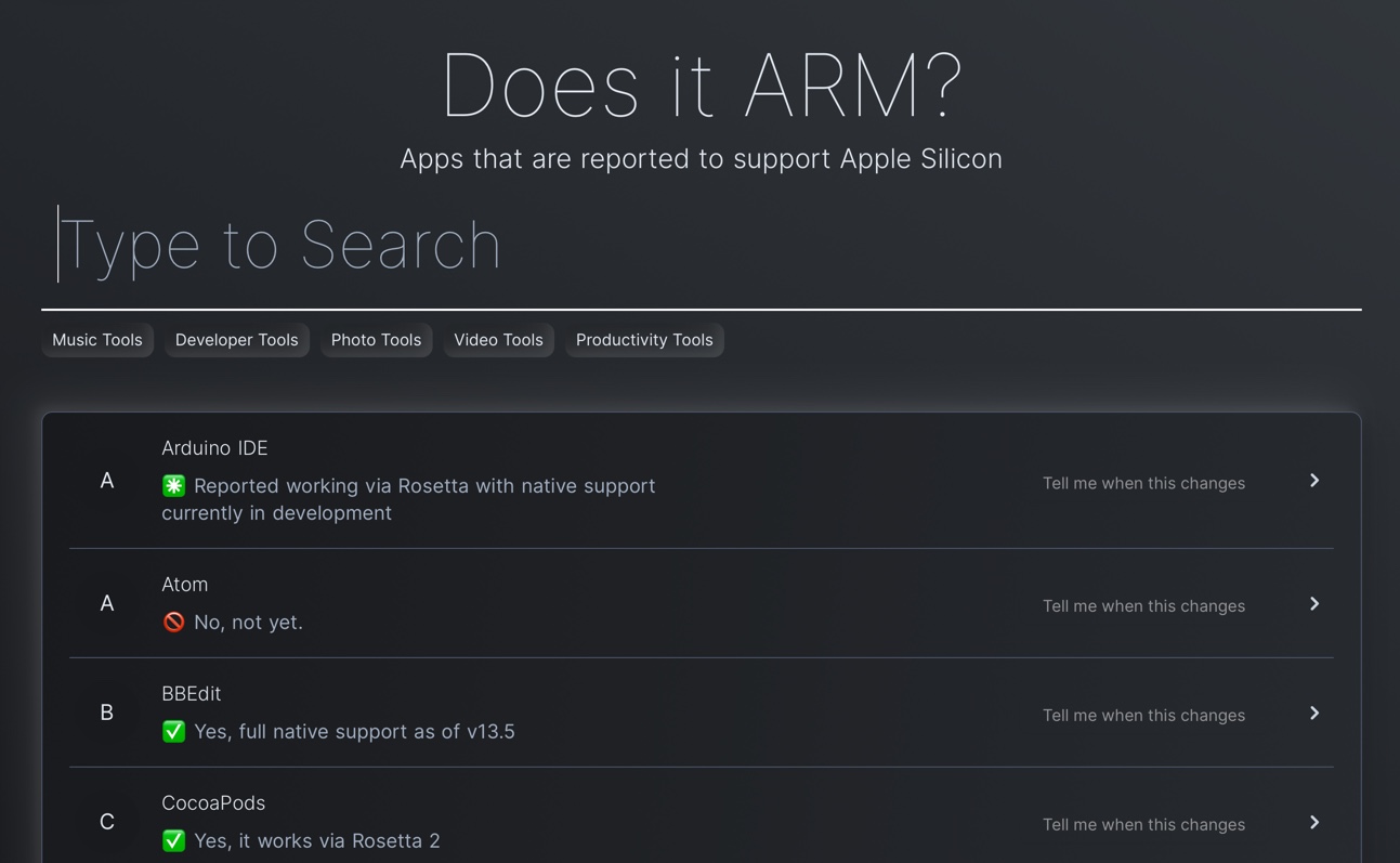 アプリケーションのApple Silicon Mac対応状況が判るWebサイト「Does it ARM?」