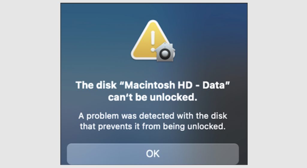 macOS Big Surアップデート後、ディスク「Macintosh HD – Data」のロックが解除できない場合の対処方法