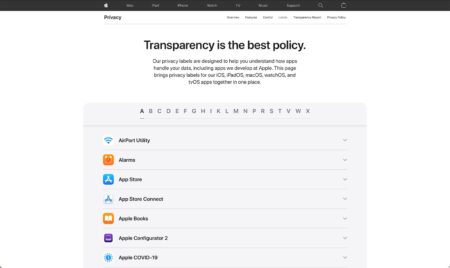 Apple、全アプリのプライバシーラベルを表示する新しいWebサイトを公開
