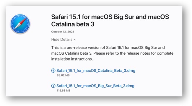 Safari 15 1 for macOS Big Sur and macOS Catalina beta 3