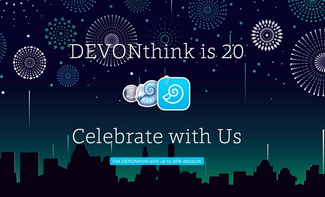 DEVONthinkは20周年を祝い、最大35%オフのプロモーション中