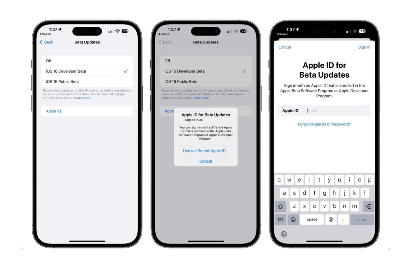 iOS 16.4でベータ版アクセスに使用するApple IDを指定できるようになる