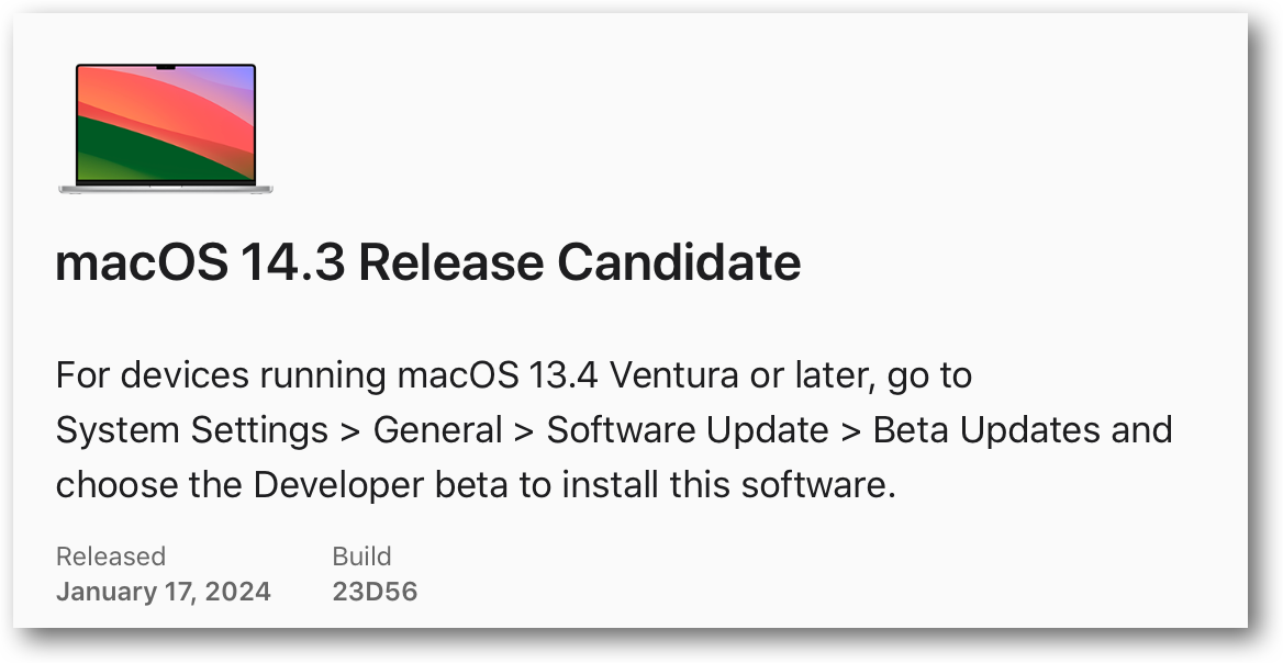 MacOS 14.3 Release Candidate.