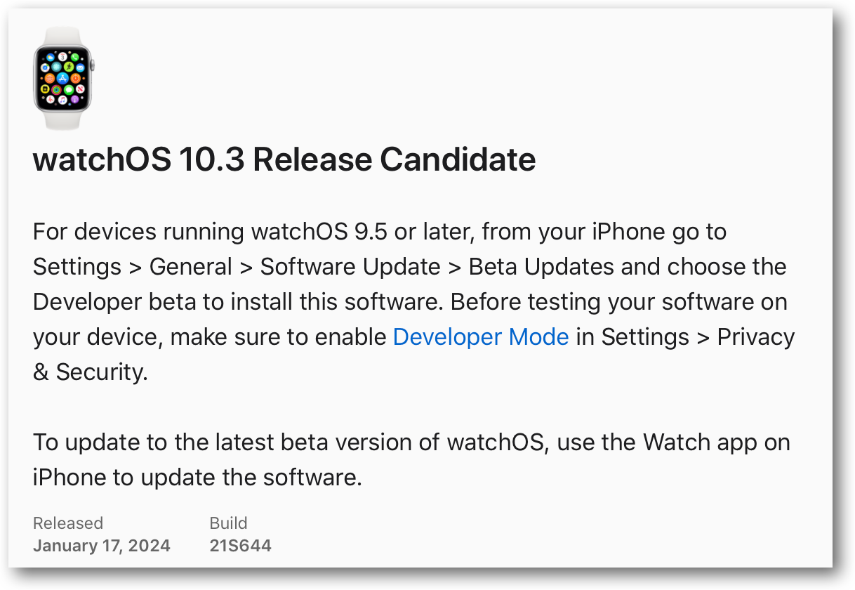 WatchOS 10.3 Release Candidate.
