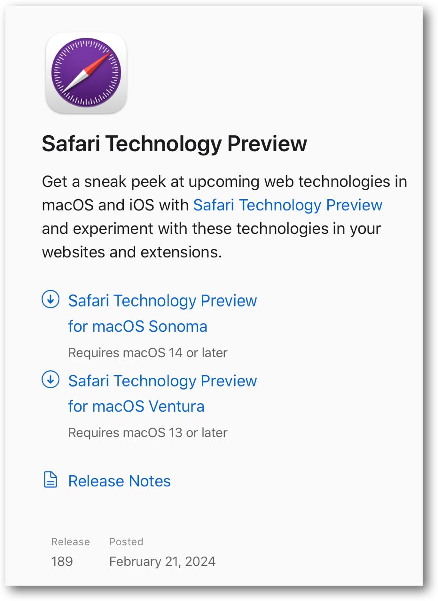 Safari Technology Preview 189.