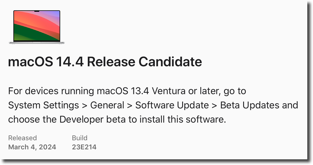 MacOS 14.4 Release Candidate.